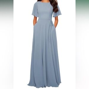 Dusty Blue Flutter Sleeve Bridesmaid Dress